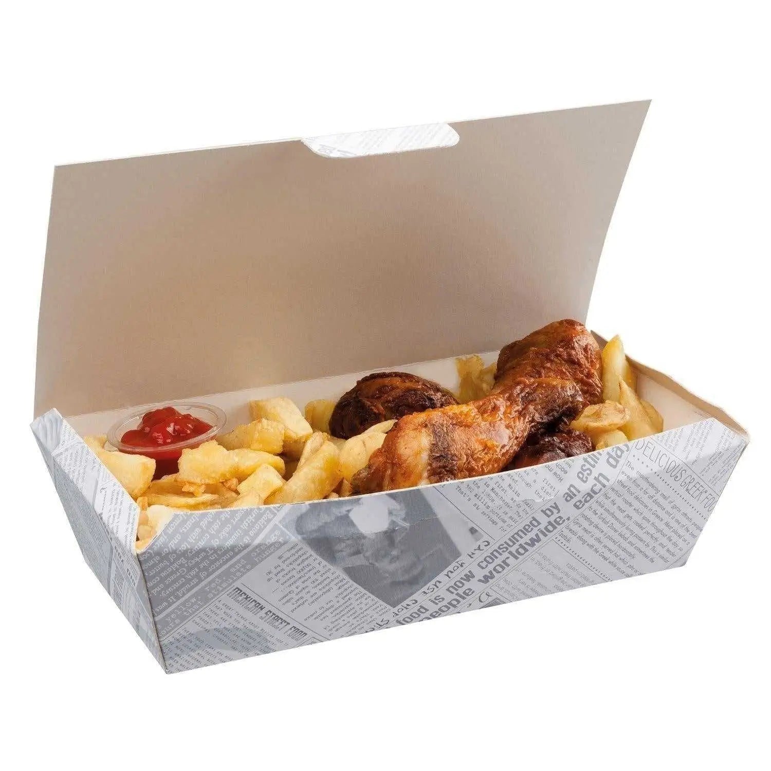 Takeout container with fried chicken and french fries in food packaging for fast food.