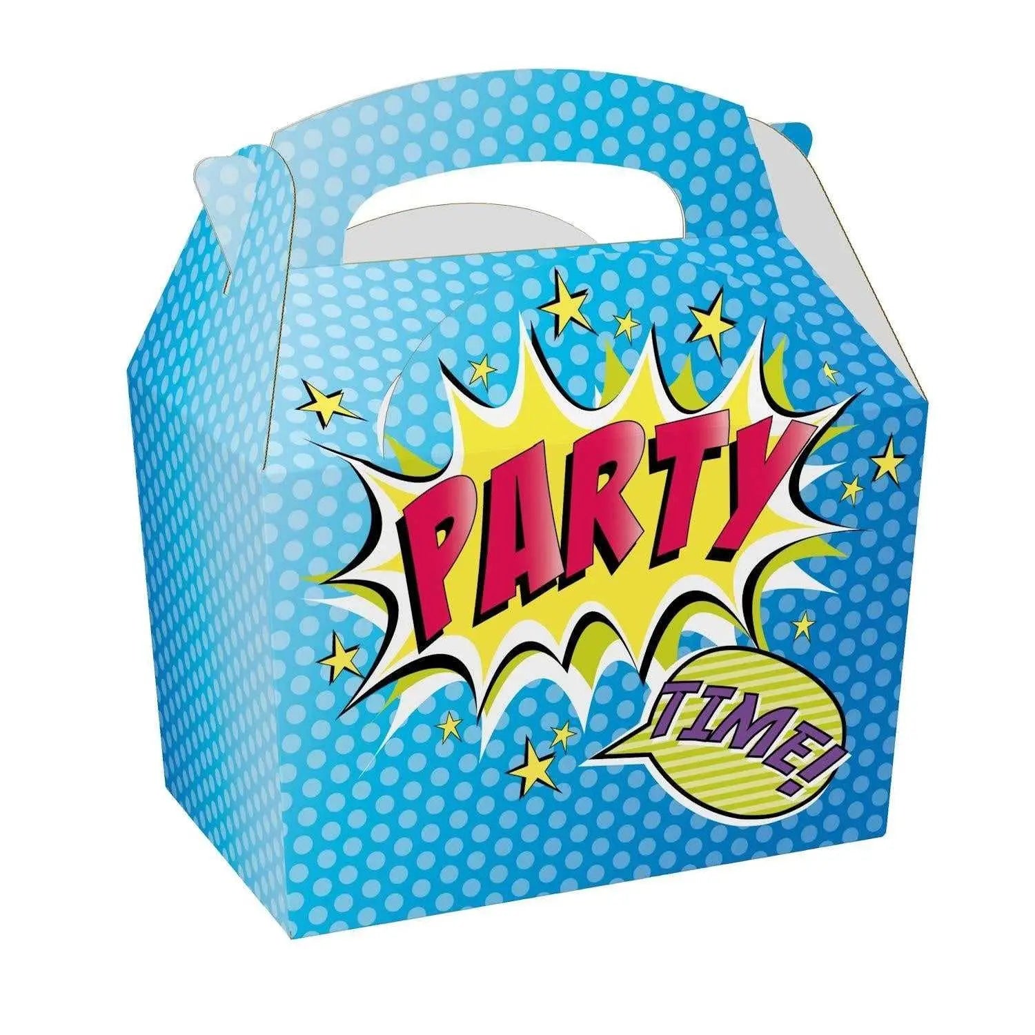 Colorful childrens party boxes with comic style PARTY text and polka dot pattern