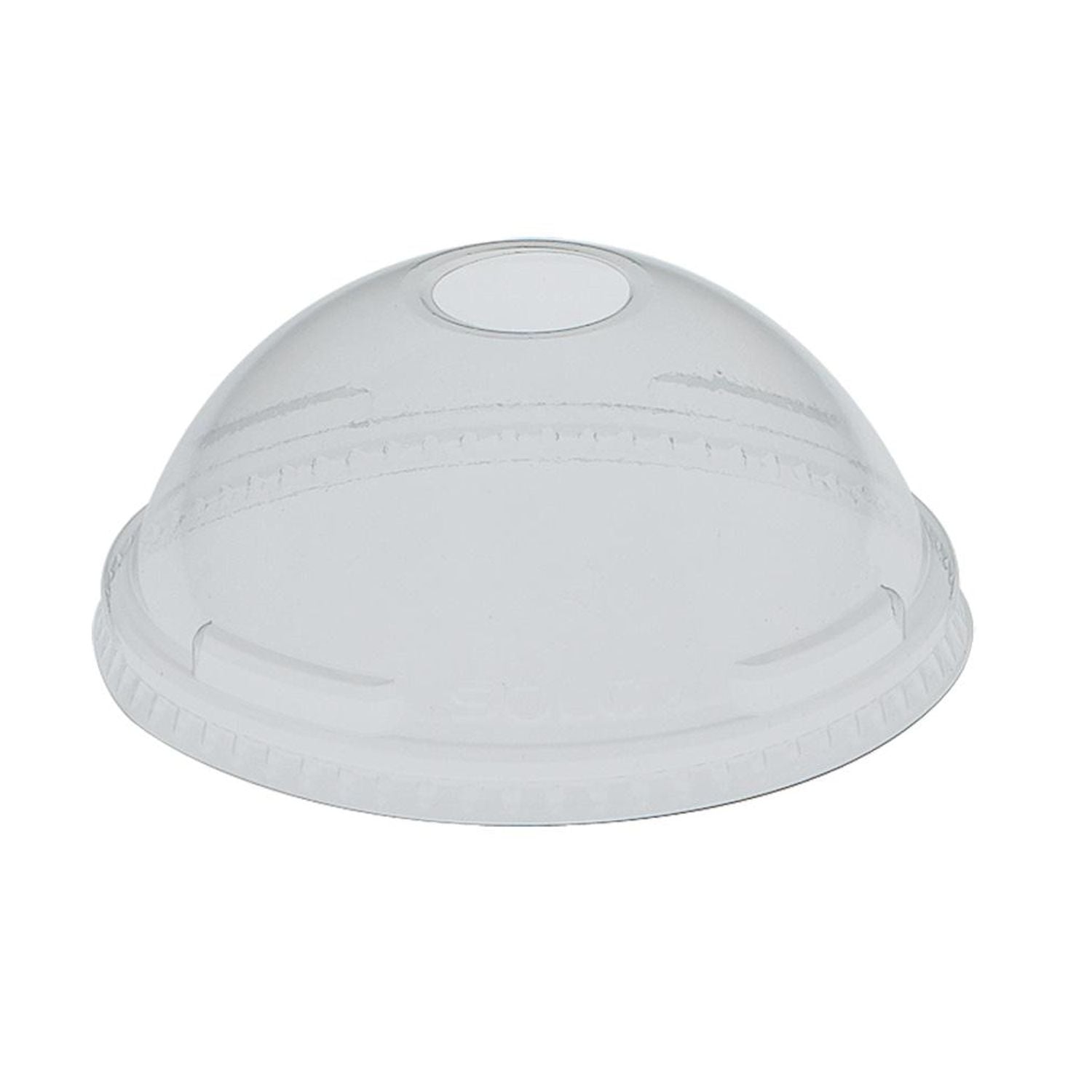 Clear plastic dome lid with straw slot and small circular opening for beverages