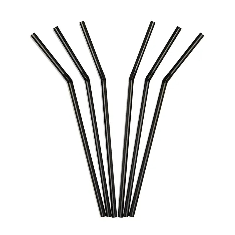 Black bendy straws arranged in a fan pattern, showcasing compostable black bendy design