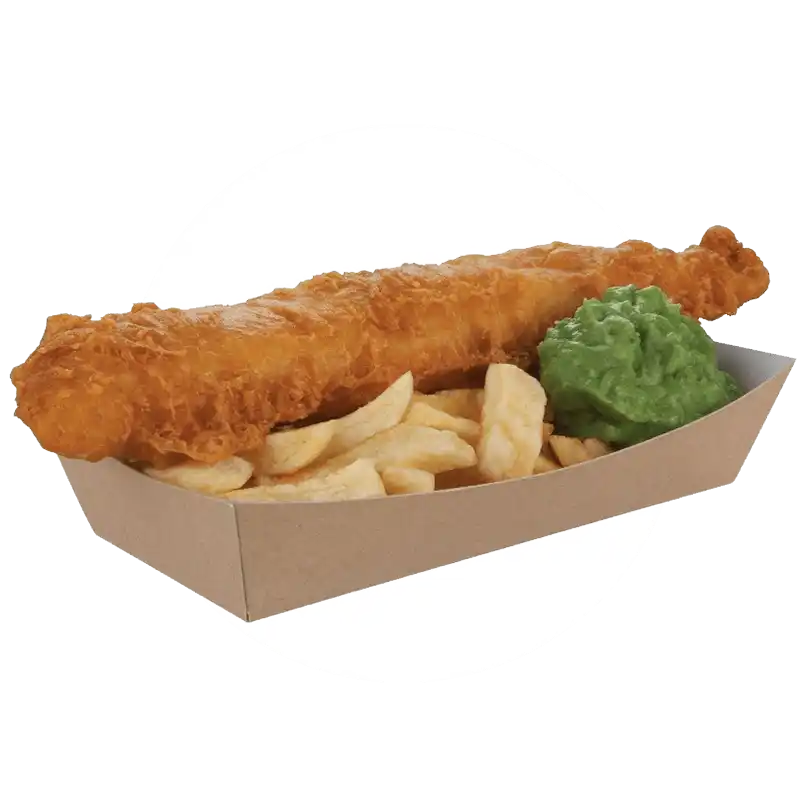 Beer-battered fish with french fries and mushy peas served in a cardboard tray.