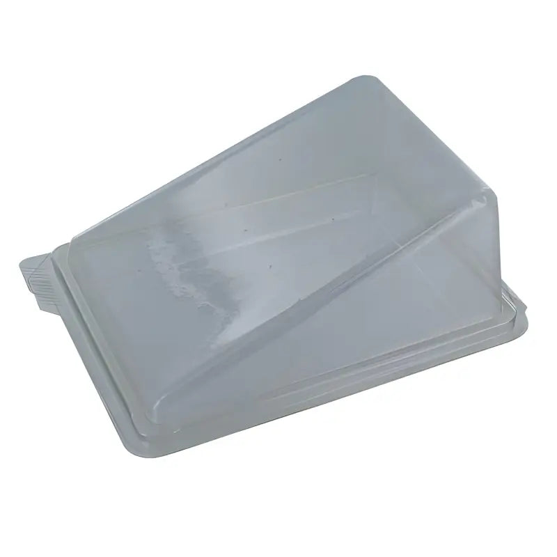 Gray plastic cake slice wedge cover for clear cake presentation and easy serving