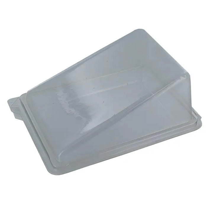 Gray plastic cake slice wedge cover for clear cake presentation and easy serving