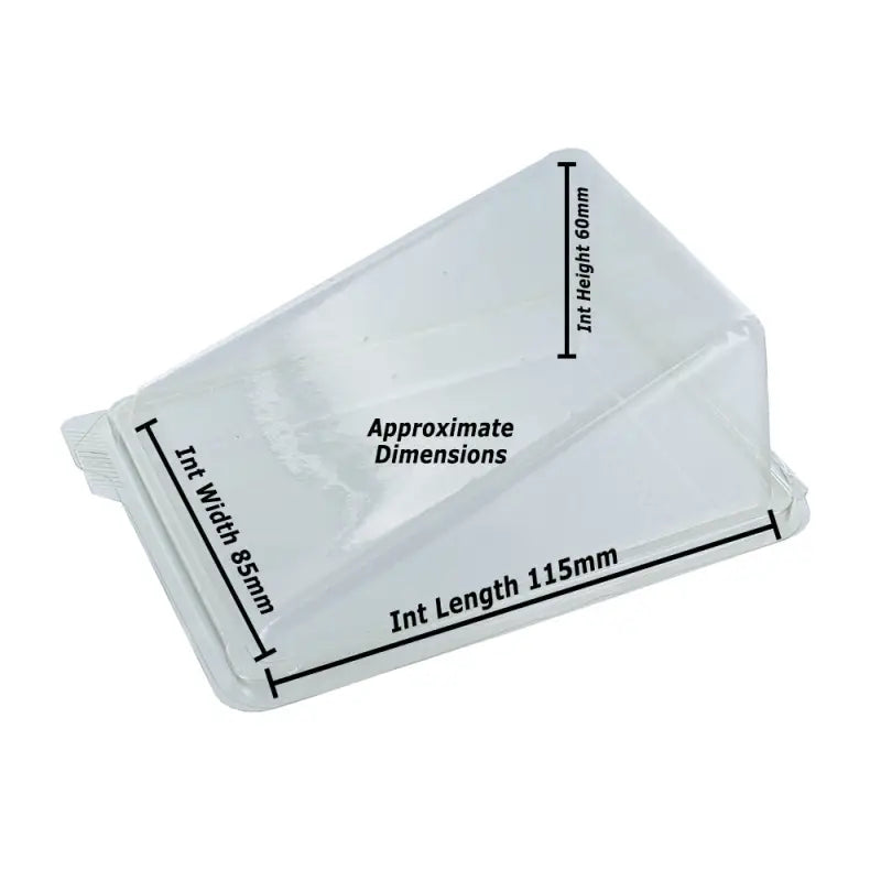 White plastic cake slice wedge with labeled dimensions for easy serving and storage
