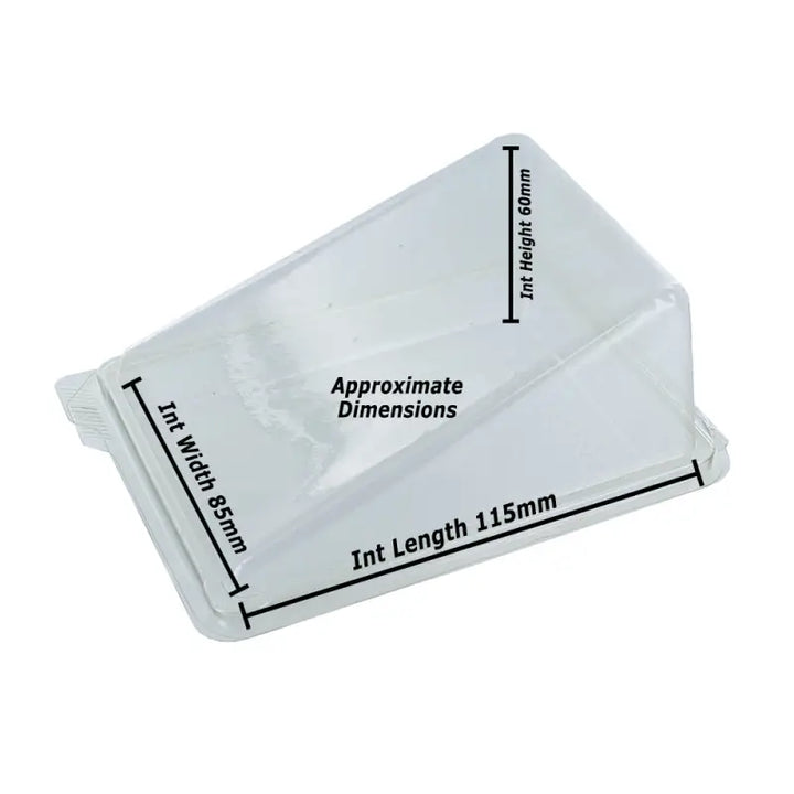 White plastic cake slice wedge with labeled dimensions for easy serving and storage
