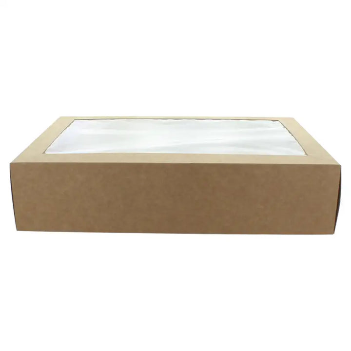 Rectangular cardboard sandwich food platter kraft box with a white top surface