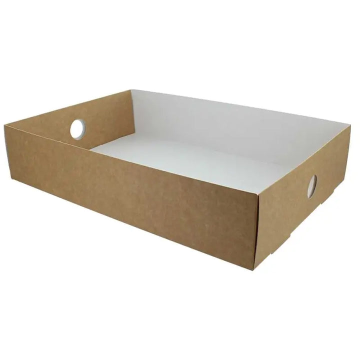 Shallow cardboard tray with hand holes for easy serving of sandwich food platter kraft