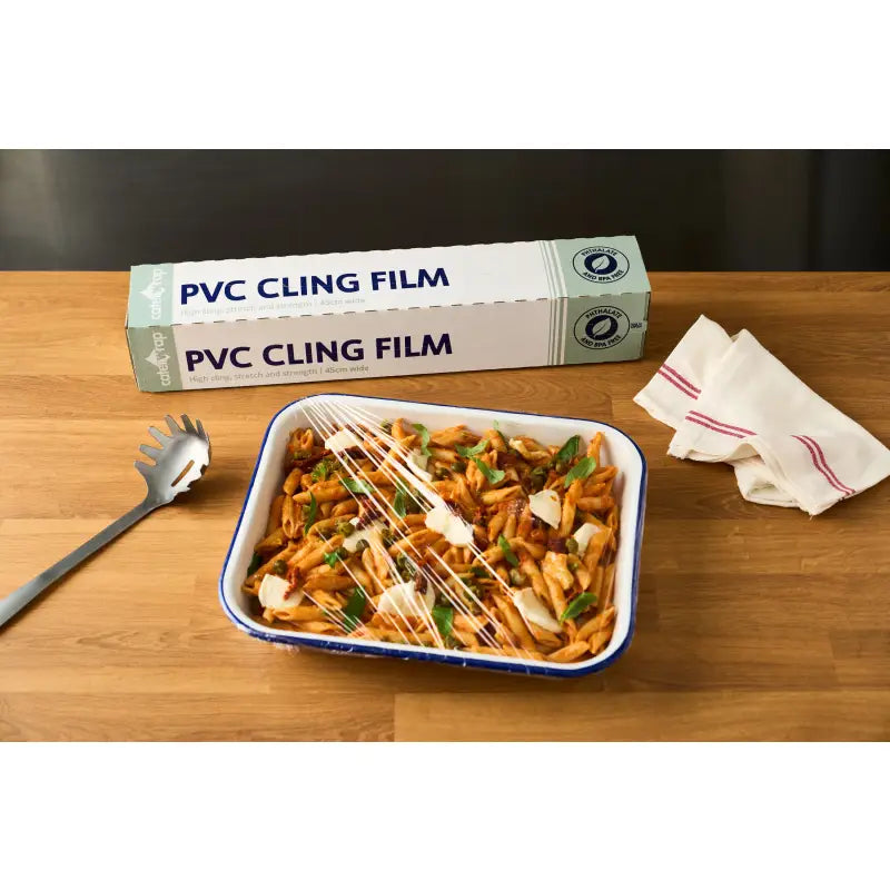 Catering Cling Film with Cutterbox Dispenser covering pasta in a baking dish