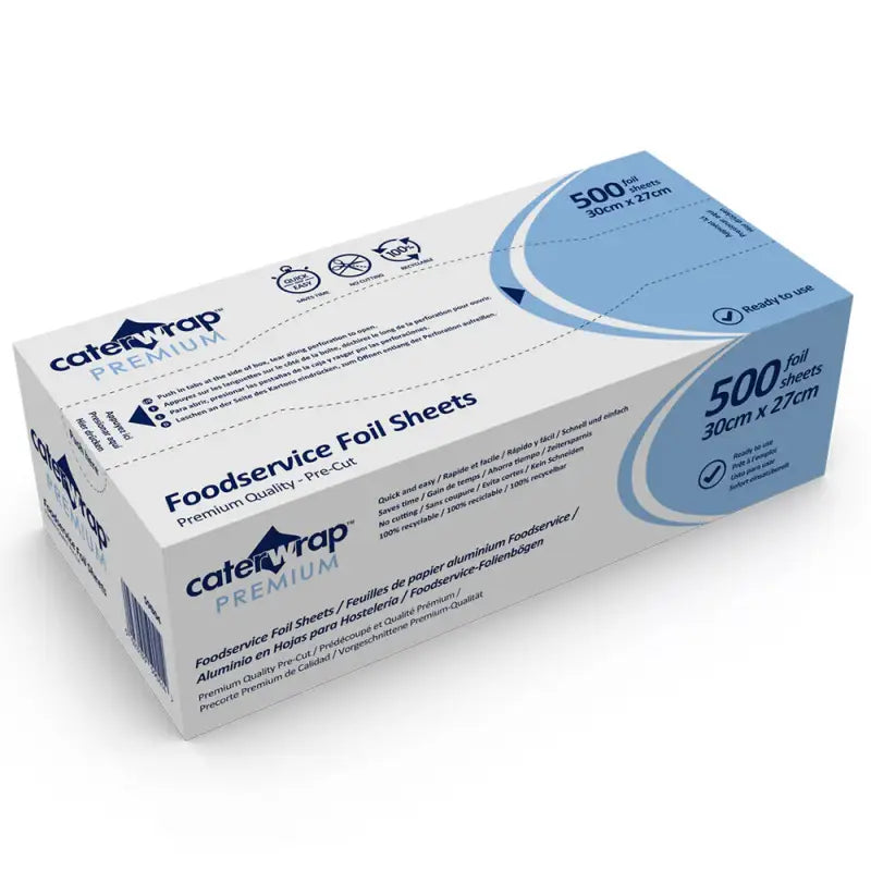 Box of Caterwrap Premium Embossed Aluminium Foil Sheets 30cm x 27cm containing 500 sheets
