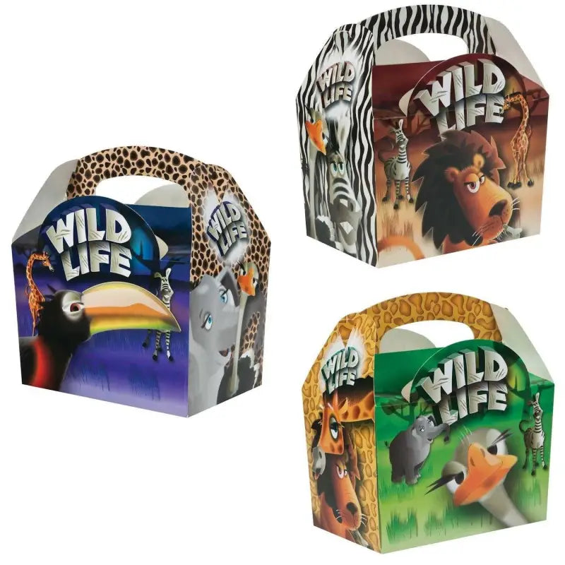 Colorful cardboard meal boxes featuring wildlife design with cartoon animals for kids