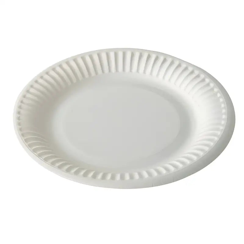 White disposable paper plate with fluted edge for serving and catering needs