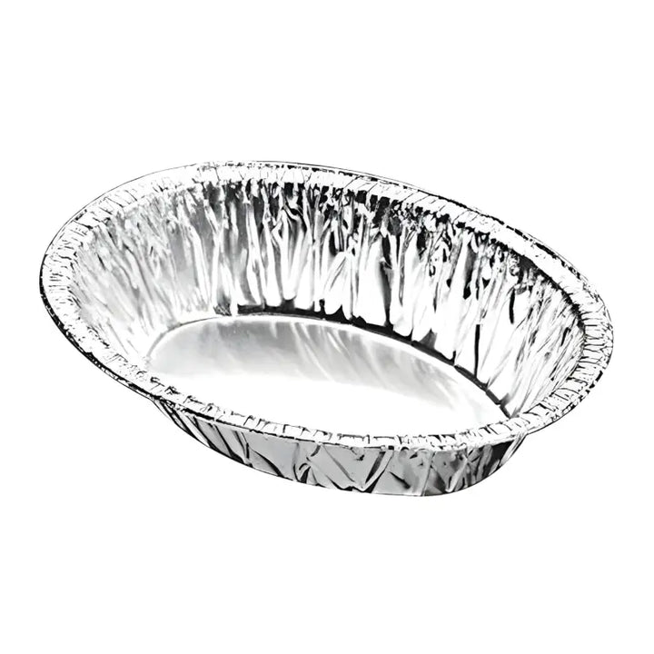 Oval foil pie dish in a disposable aluminum foil container for baking and serving