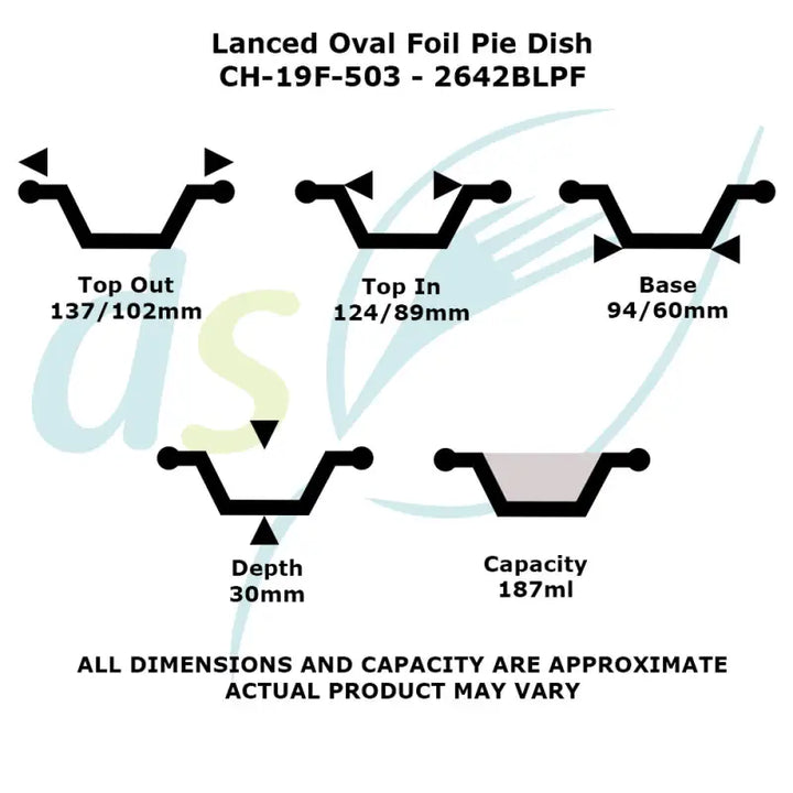 Diagram of cross-sectional views and dimensions of a Foil Pie Dish for baking oval pies