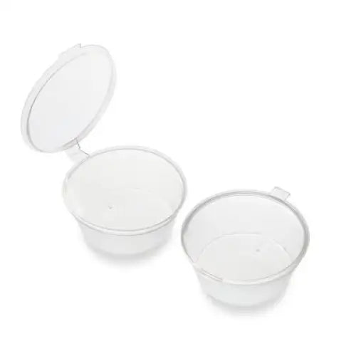 Clear plastic microwave safe portion sauce pots with hinged lids for easy serving