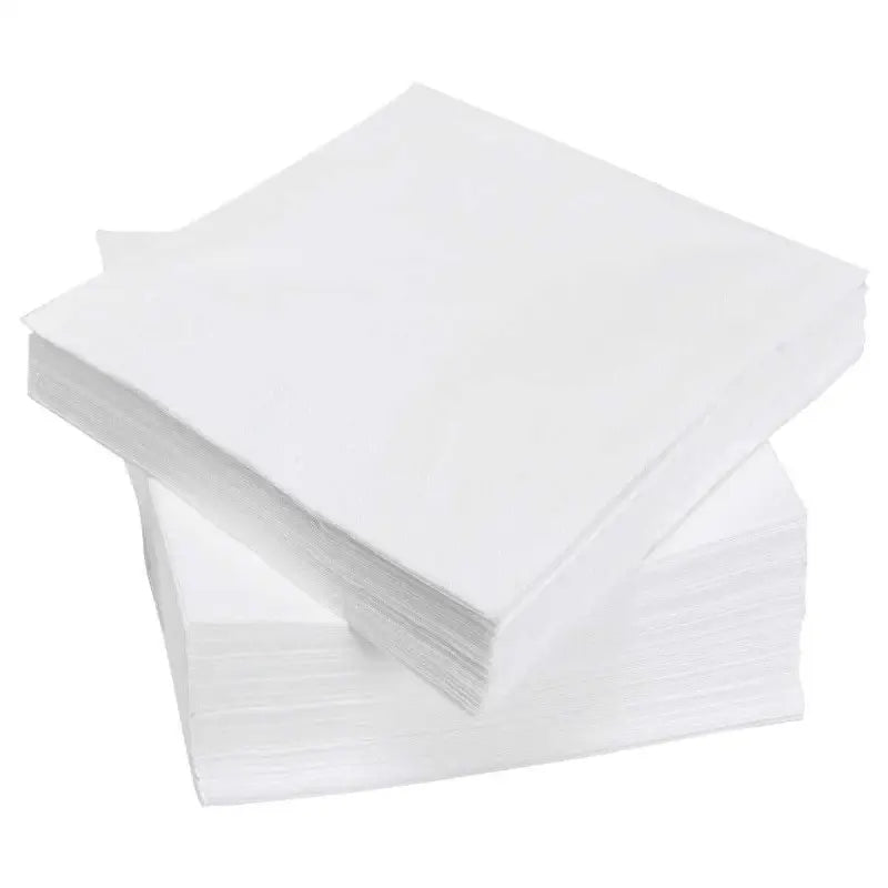 Stack of white 2ply tissue napkins for cocktails and everyday use in various sizes