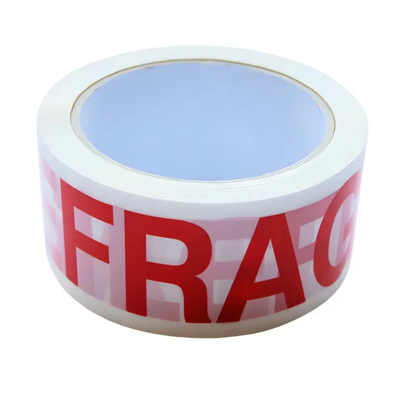 White packaging tape with red FRAGILE text, ideal for carton sealing and moving tasks