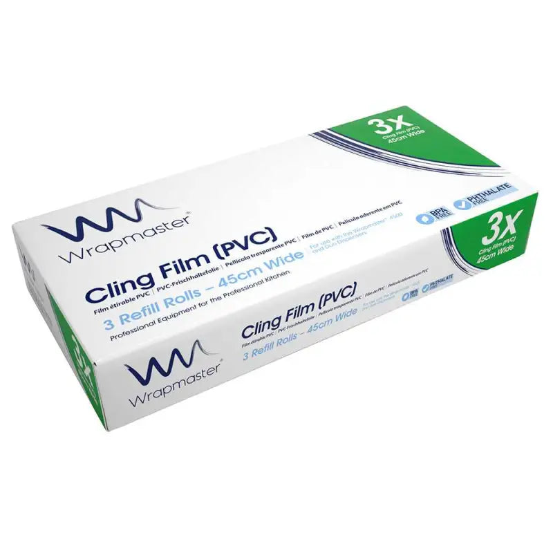 Box of Wrapmaster Cling Film PVC refill 45cm x 300m with three rolls