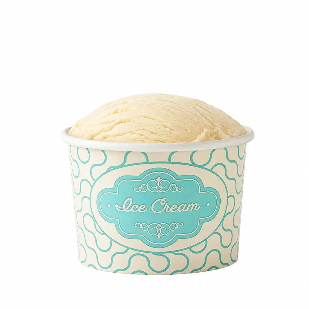 A creamy vanilla scoop ice cream in a teal wavy patterned paperboard tub perfect for frozen yogurt and ice cream tubs