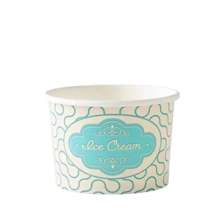 A white paperboard 1 scoop ice cream tub with teal pattern and ornate label for frozen yogurt and ice cream tubs