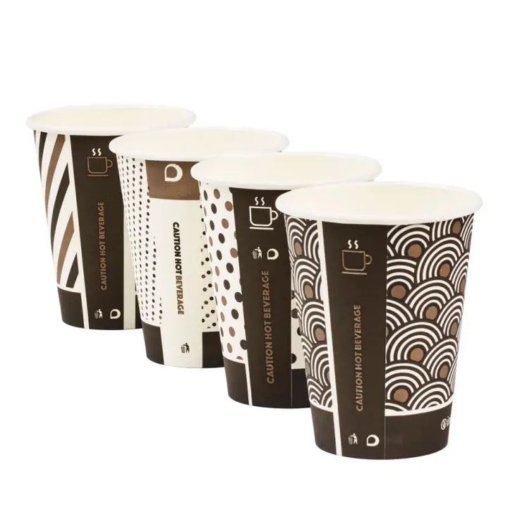 Set of four 12oz Café Mocha Hot Drink Paper Cups with mocha design single wall patterns