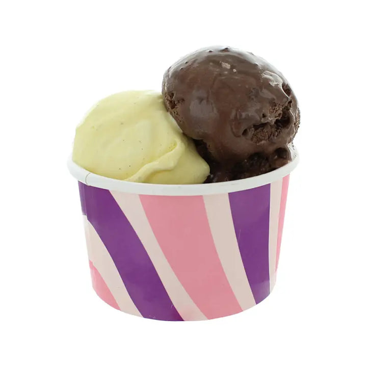 Ice cream scoops in a colorful striped paper cup from 2 Scoop Ice Cream Tub