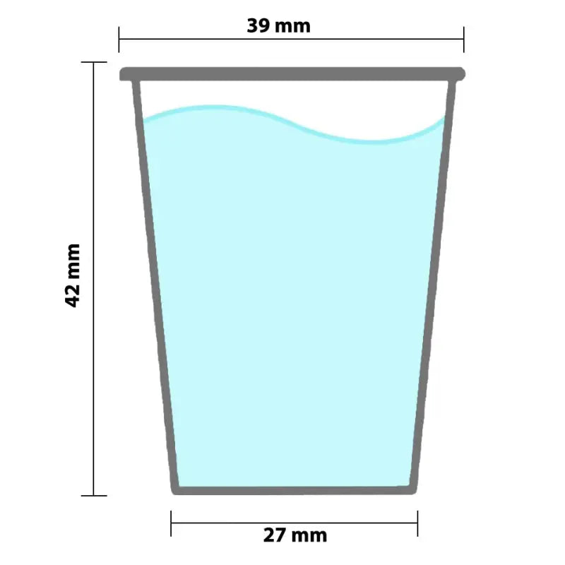 Cup of water with dimensions in 2cl plastic shot glasses, CE marked, 20ml lined