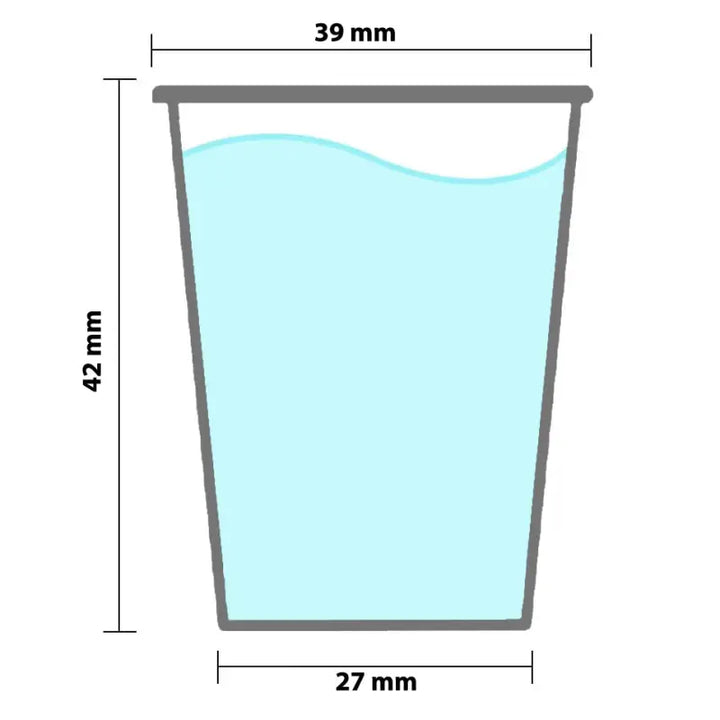Cup of water with dimensions in 2cl plastic shot glasses, CE marked, 20ml lined