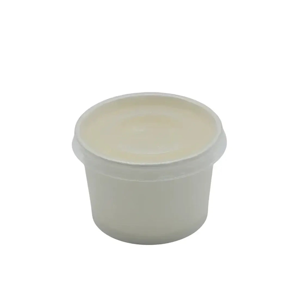 A translucent white plastic 4oz portion pot with a matching pp vented lid for food or cosmetics storage