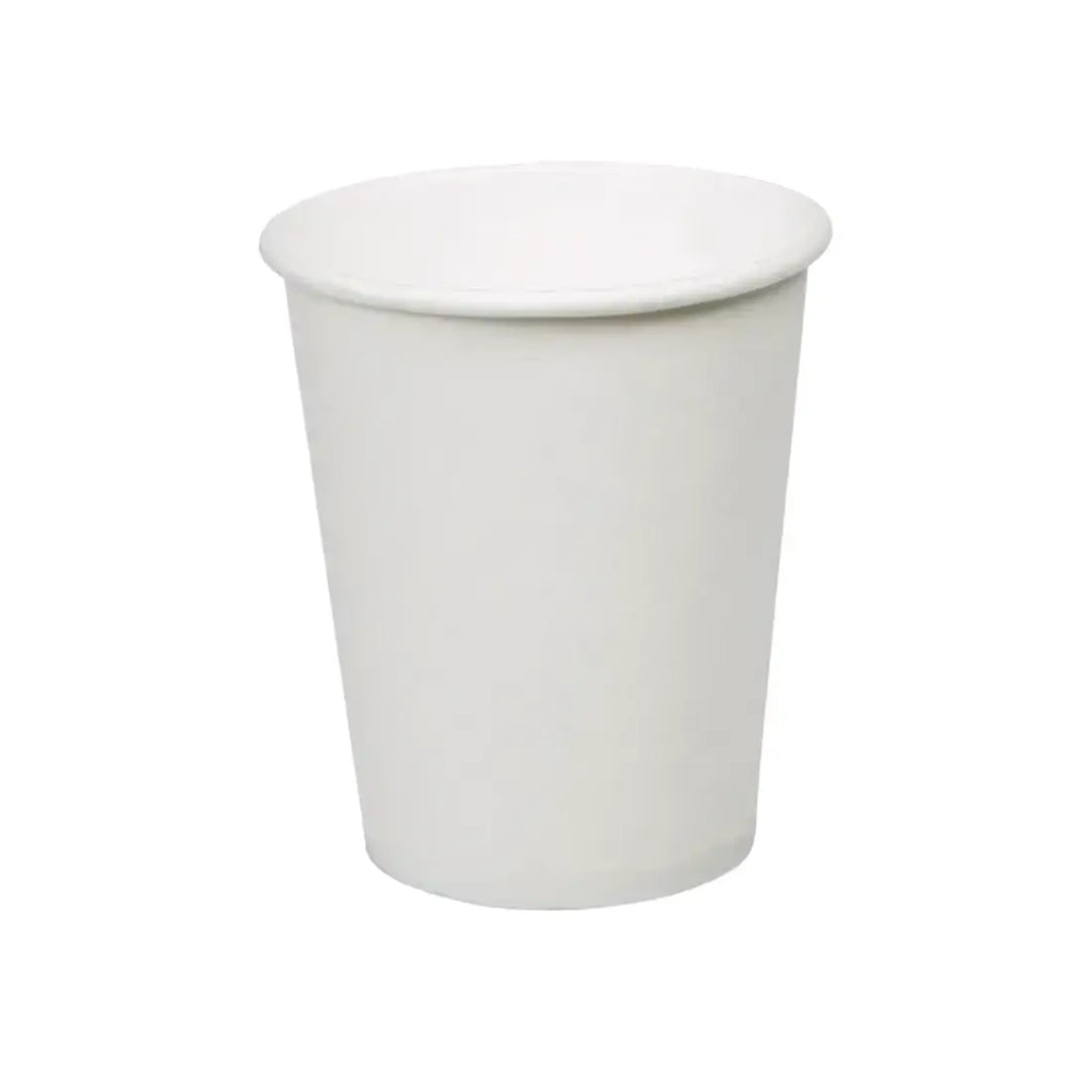White paper coffee cup with smooth glossy finish and rounded rim for 7oz white paper portion pots with pp vented lids