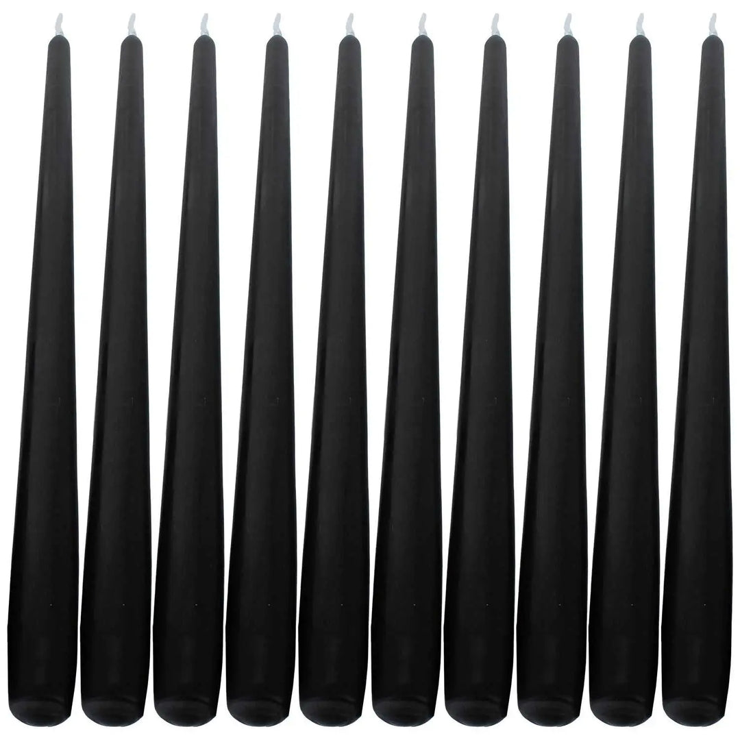 Row of tall black taper candles for elegant dinner settings and ambiance