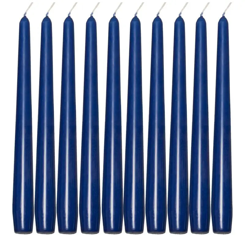 Ten tall blue taper dinner candles arranged neatly, perfect for elegant dining