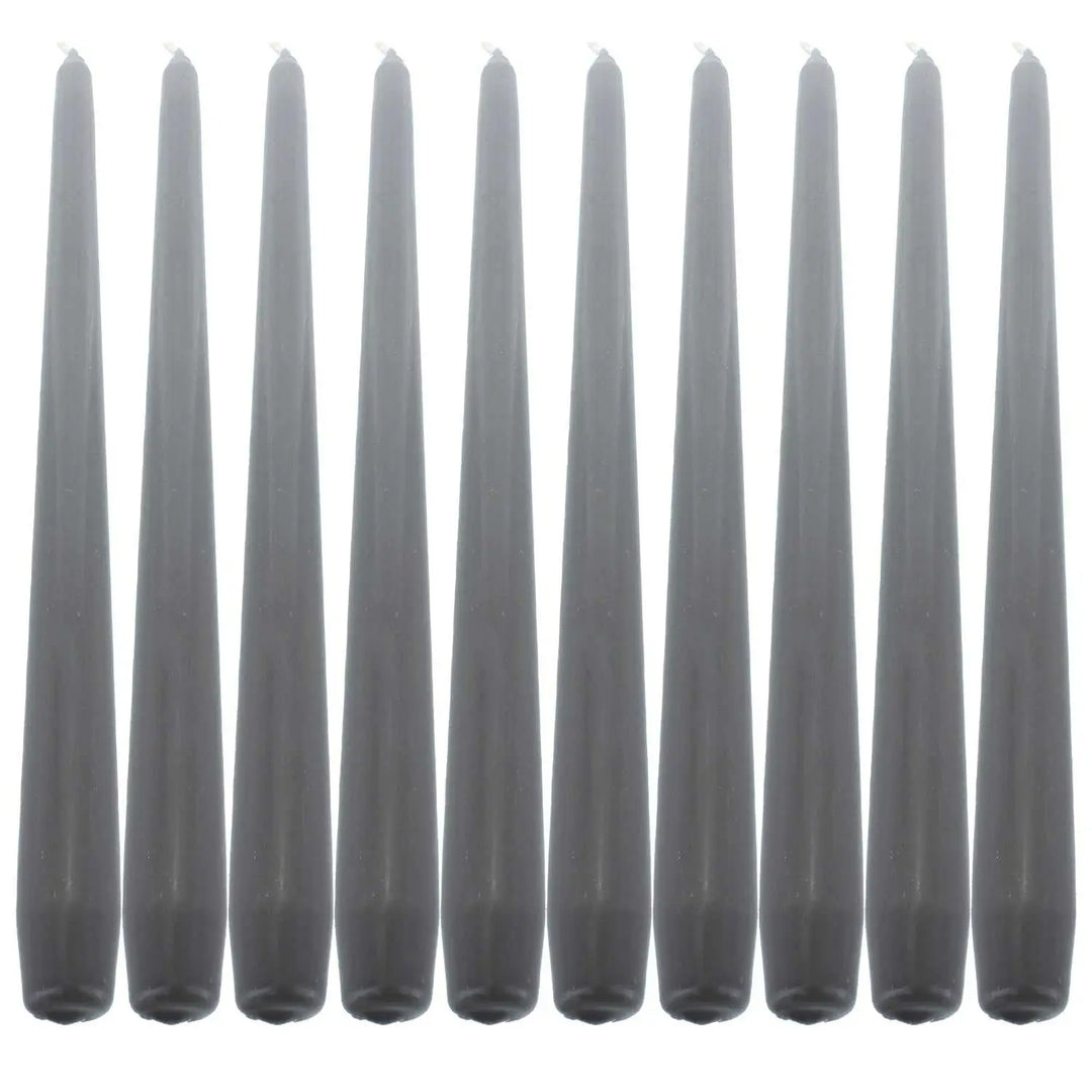 Row of tall gray taper candles for elegant dinner settings and ambiance