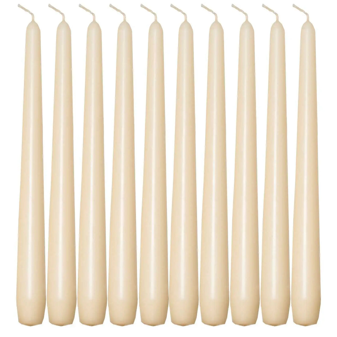 Set of ten off-white taper candles perfect for elegant dinner settings