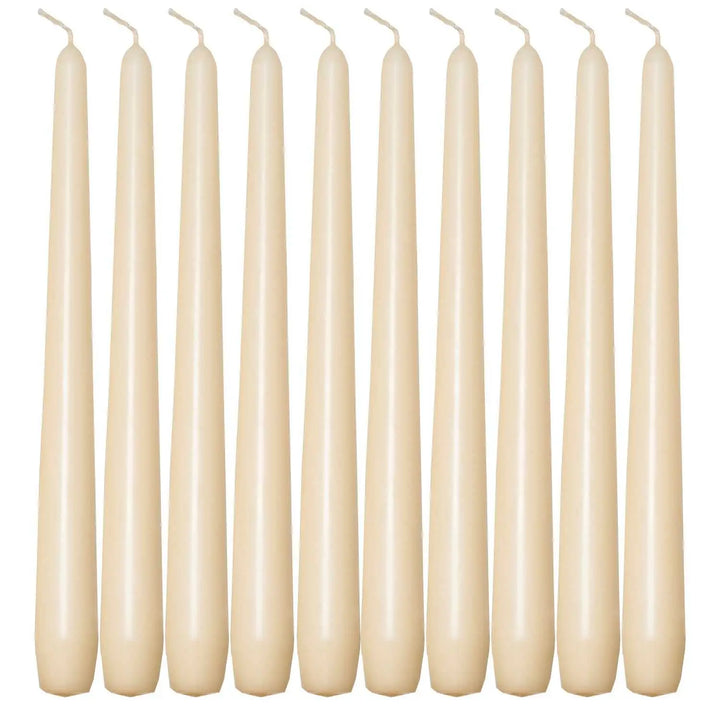 Set of ten off-white taper candles perfect for elegant dinner settings