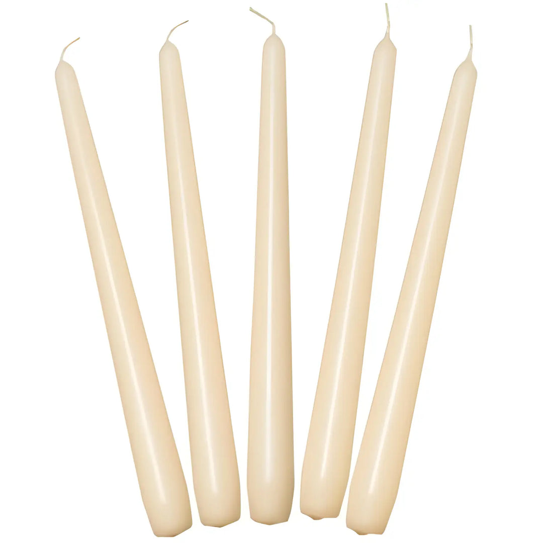 Five tall off-white taper candles for elegant dinner settings, lasting 7 hours