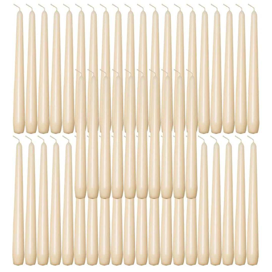Rows of off-white taper candles for elegant dinner settings or special occasions