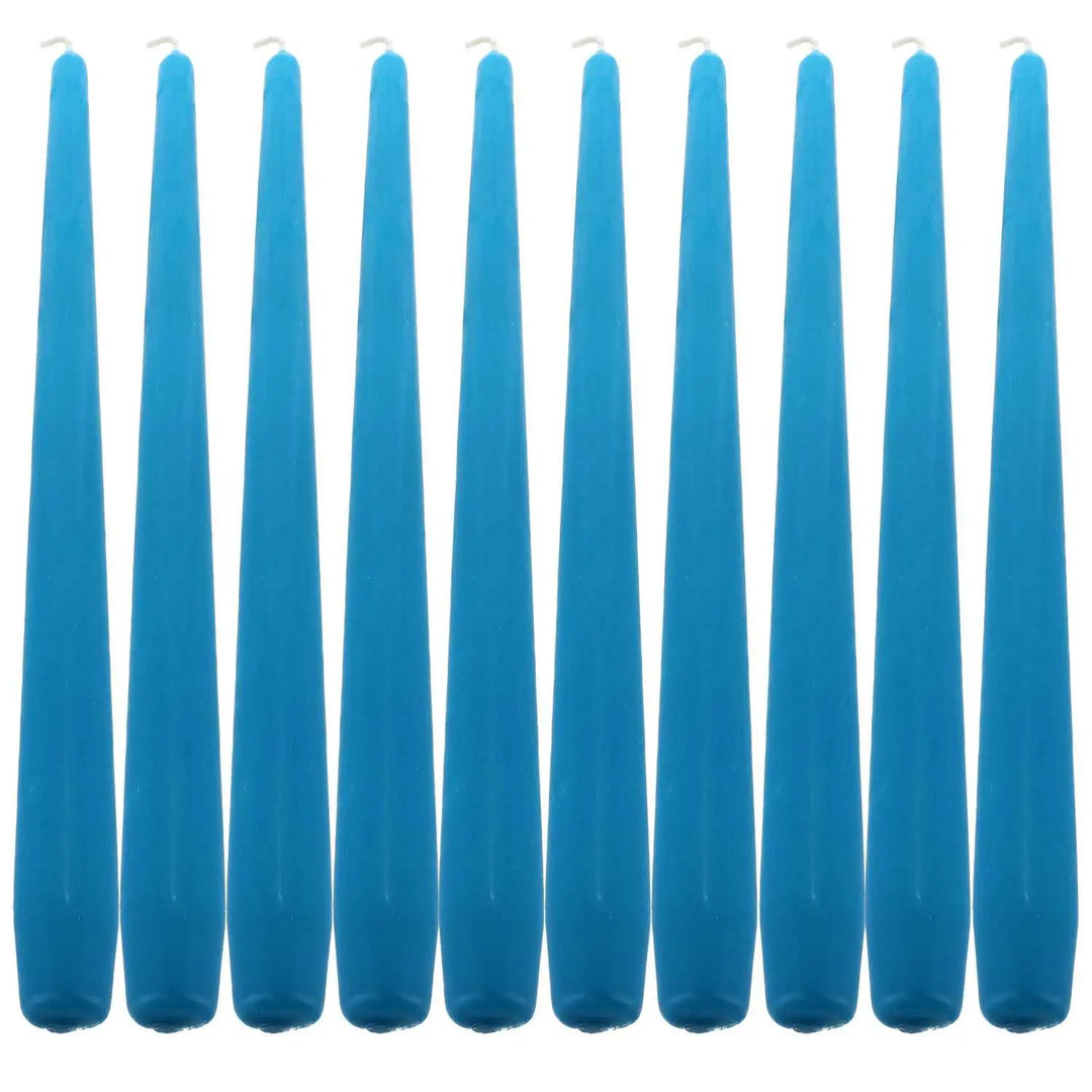 Ten blue taper dinner candles arranged in a row for elegant dining ambiance