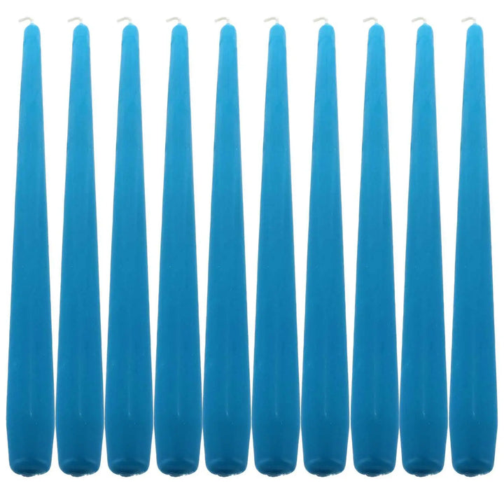 Ten blue taper dinner candles arranged in a row for elegant dining ambiance