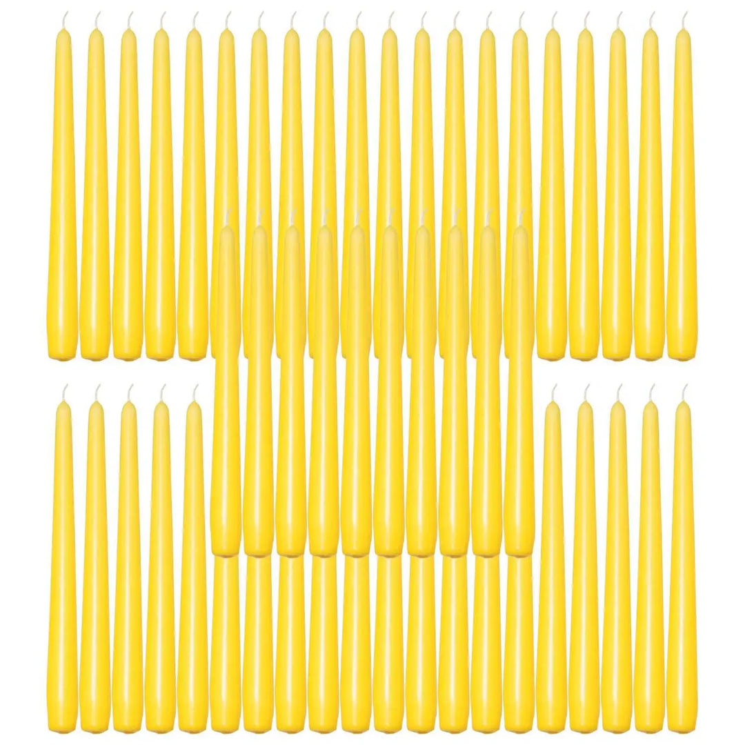 Yellow taper candles arranged in rows for elegant dinner settings and ambiance