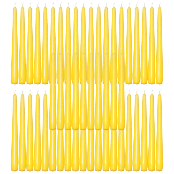 Yellow taper candles arranged in rows for elegant dinner settings and ambiance