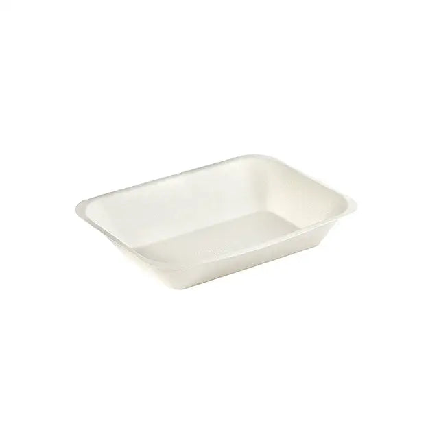 White rectangular disposable food tray made from sugar cane bagasse for eco-friendly dining