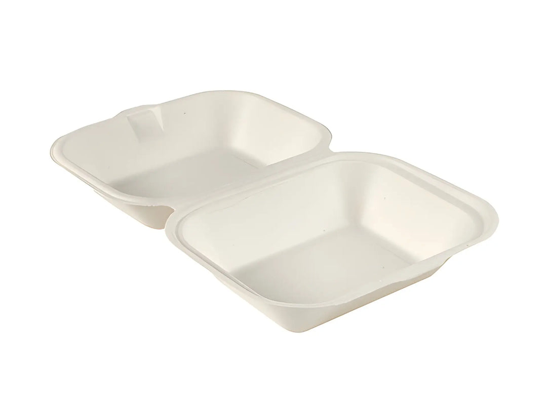 Biodegradable Sugar Cane Fibre Burger Meal Box with hinged two-compartment design