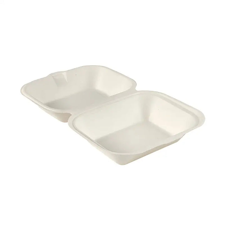 Biodegradable Sugar Cane Fibre Burger Meal Box with hinged two-compartment design