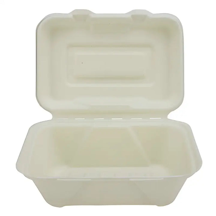 Opened white styrofoam takeout container for Biodegradable Sugar Cane Fibre Burger Box