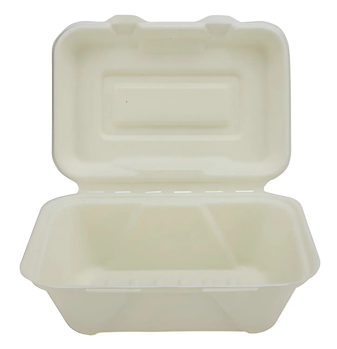 Opened white styrofoam takeout container for Biodegradable Sugar Cane Fibre Burger Box