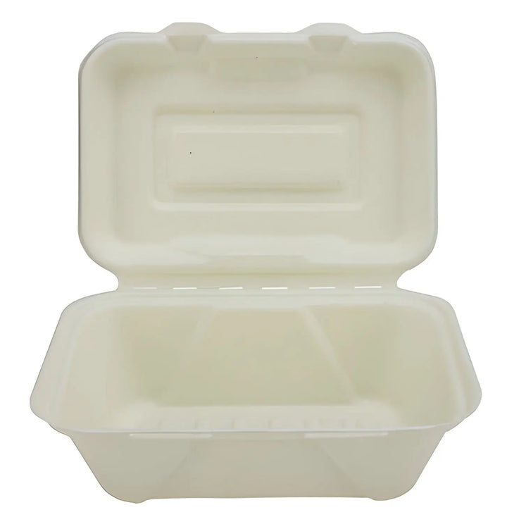 Opened white styrofoam takeout container for Biodegradable Sugar Cane Fibre Burger Box