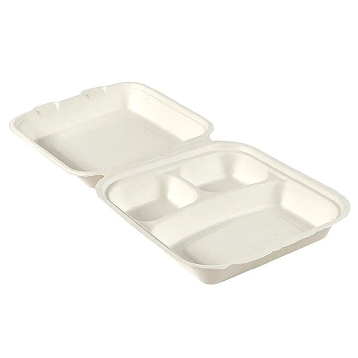 Hinged Biodegradable Sugar Cane Fibre Burger Meal Box with compartments, opened view