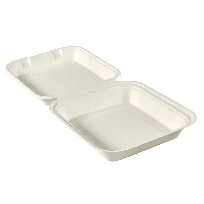 Opened flat Hinged white styrofoam takeout container for biodegradable sugar cane fibre
