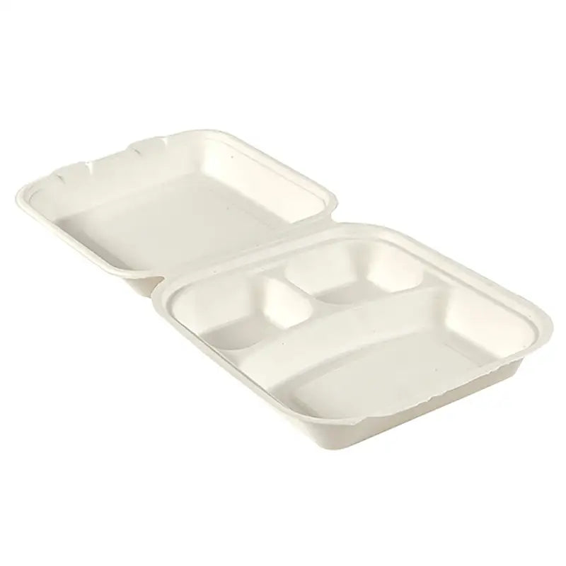 Hinged Biodegradable Sugar Cane Fibre Burger Meal Box with compartments, opened view
