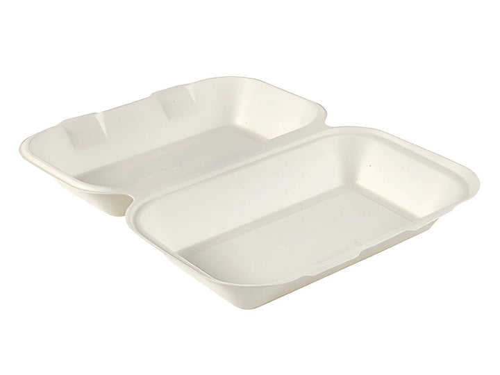 Hinged white biodegradable sugar cane fibre food container for burgers and meals